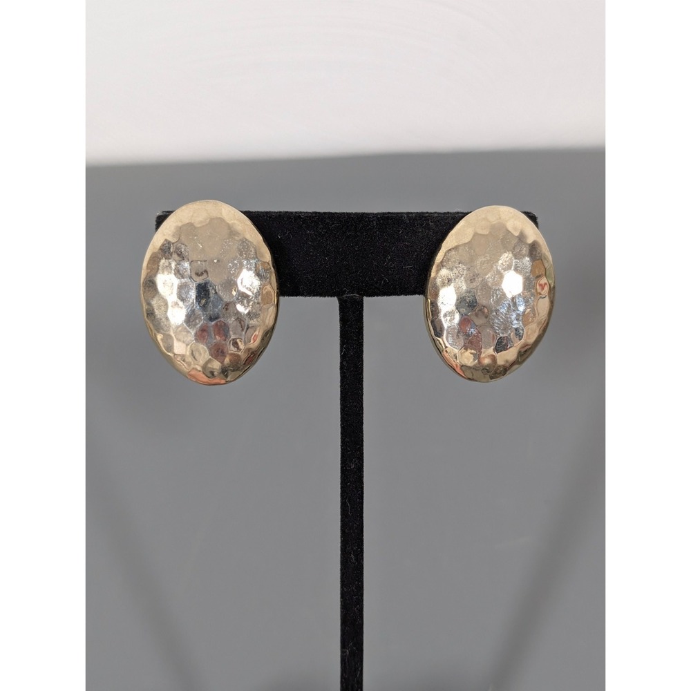 Vintage Gold Tone Hammered Oval Clip On Earrings Statement Domed